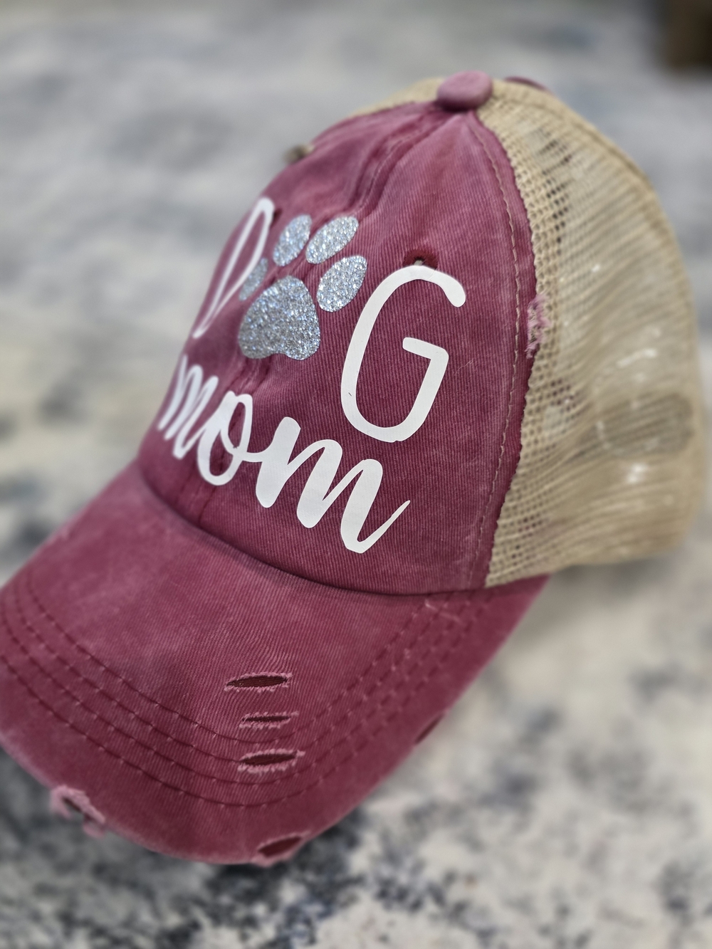 Dog Mom Distressed Trucker Hat in Burgundy with Glitter Paw